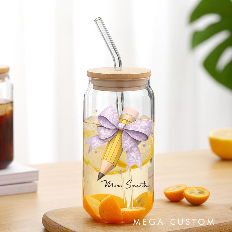 Personalized Teacher Tumbler with Lid and Straw Bow Pencil Custom Glass Coffee Cup Teacher Appreciation Gift