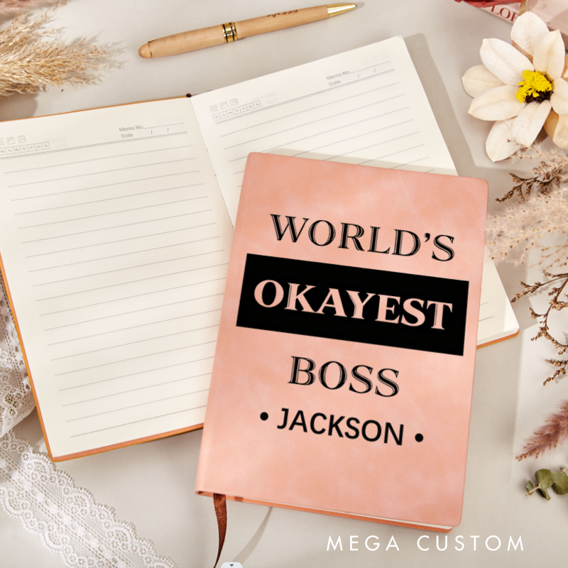 Personalized Leather Notebook for Office Worker with World's Okayest Boss Design Notebook Gift for Boss
