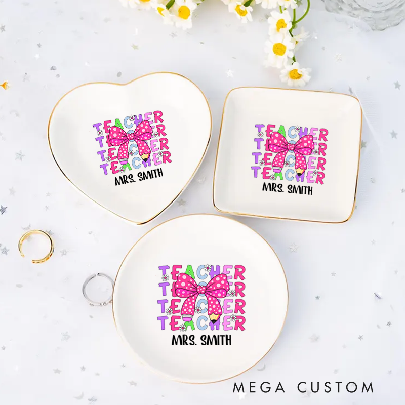 Personalized Jewelry Dish for Teacher Pink Bow Design Ceramic Ring Dish Teacher Appreciation Gift