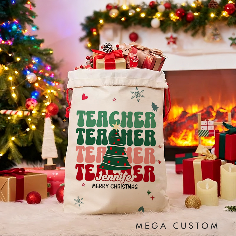 Personalized Teacher Christmas Gift Sack Merry Christmas Design Santa Bag