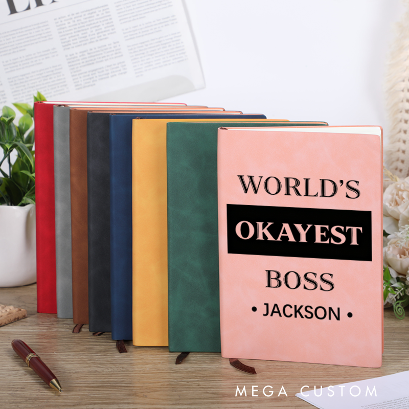 Personalized Leather Notebook for Office Worker with World's Okayest Boss Design Notebook Gift for Boss