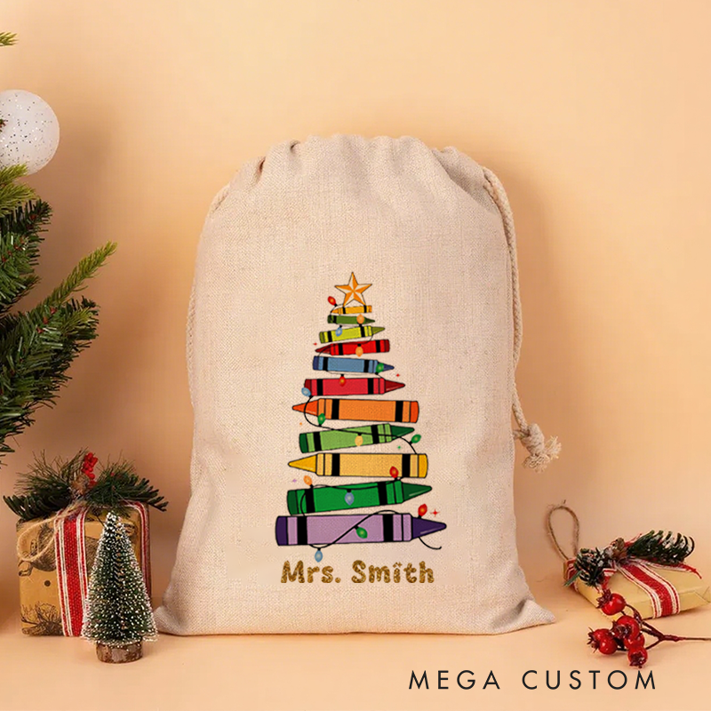 Personalised Christmas Santa Sack for Teachers Custom Cute Colorful Crayon Design Sack Christmas Gift