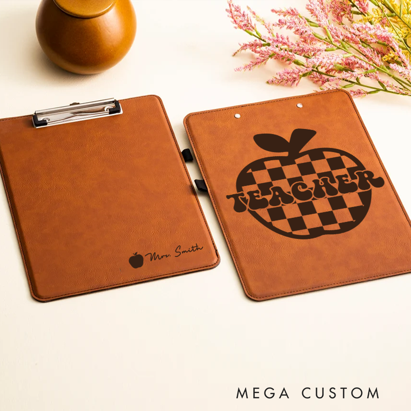 Personalized Double-Sided Leather Clipboard for Teachers Checkerboard Apple Design Clipboard Stylish and Practical Gift for Teachers