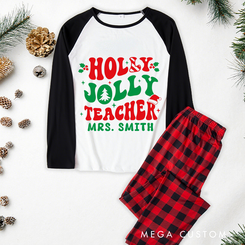 Personalized Teacher Christmas Pajama Sets Custom Holly Jolly Teacher Design Pajamas Xmas Gift