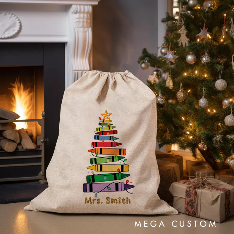 Personalised Christmas Santa Sack for Teachers Custom Cute Colorful Crayon Design Sack Christmas Gift