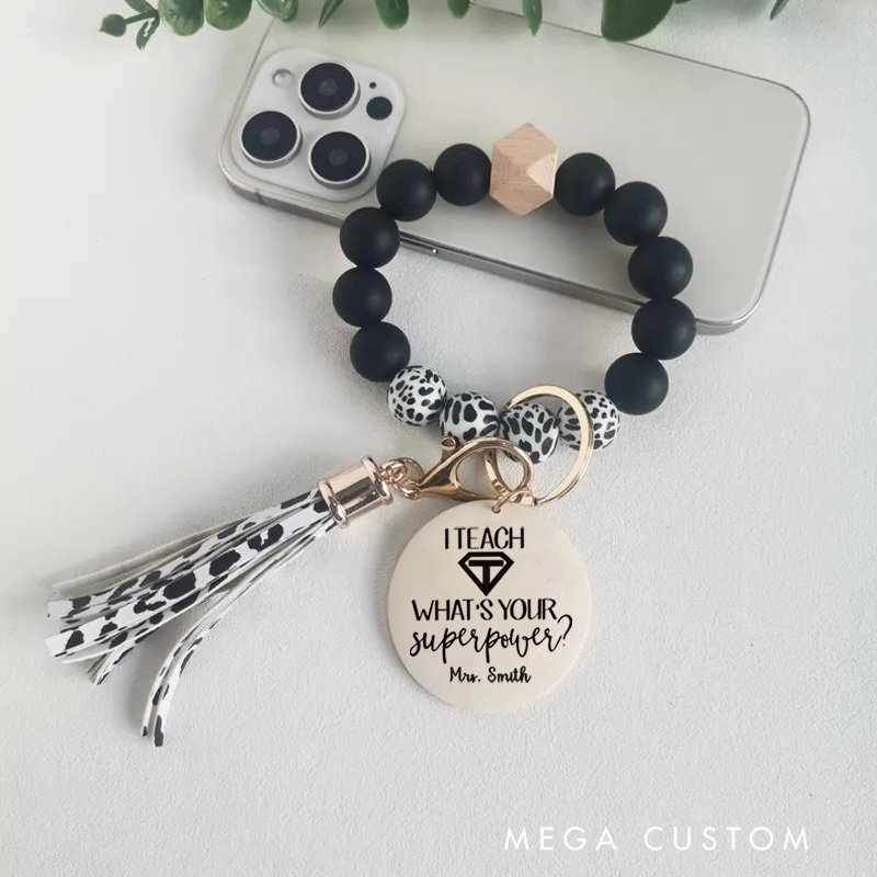Personalized Teacher Keychain Teacher Power Design Silicone Beads Bracelet Keychain Wooden Engraved Wristlet Keychain Teacher Appreciation Gift