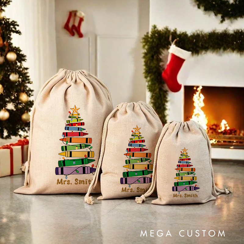 Personalised Christmas Santa Sack for Teachers Custom Cute Colorful Crayon Design Sack Christmas Gift