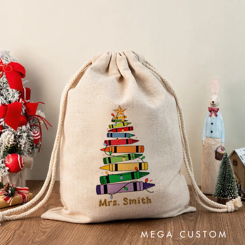 Personalised Christmas Santa Sack for Teachers Custom Cute Colorful Crayon Design Sack Christmas Gift