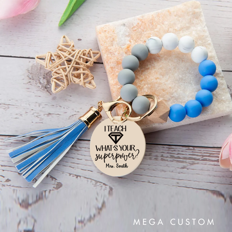 Personalized Teacher Keychain Teacher Power Design Silicone Beads Bracelet Keychain Wooden Engraved Wristlet Keychain Teacher Appreciation Gift
