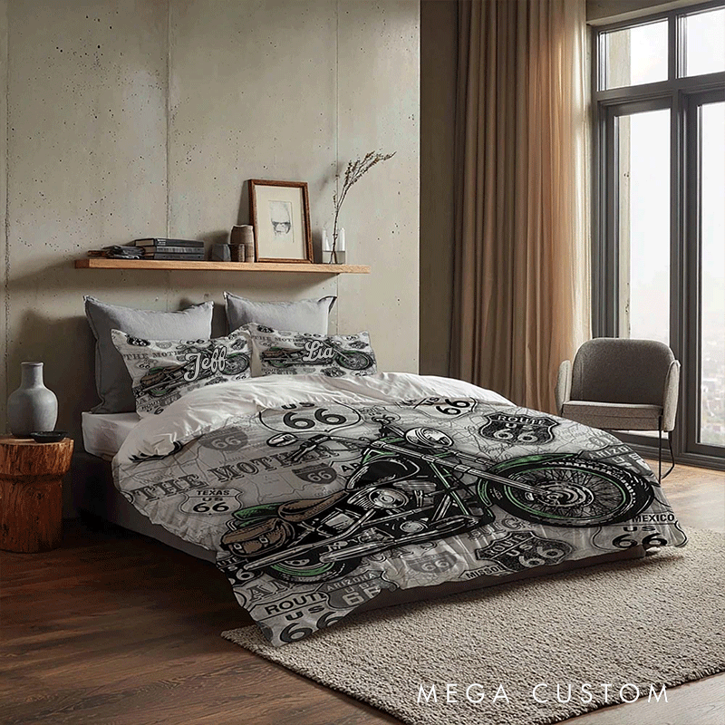Personalized Retro 66 Motorcycle Duvet Cover Bedding Set Custom Name Gift for Bikers and Motorcycle Fans