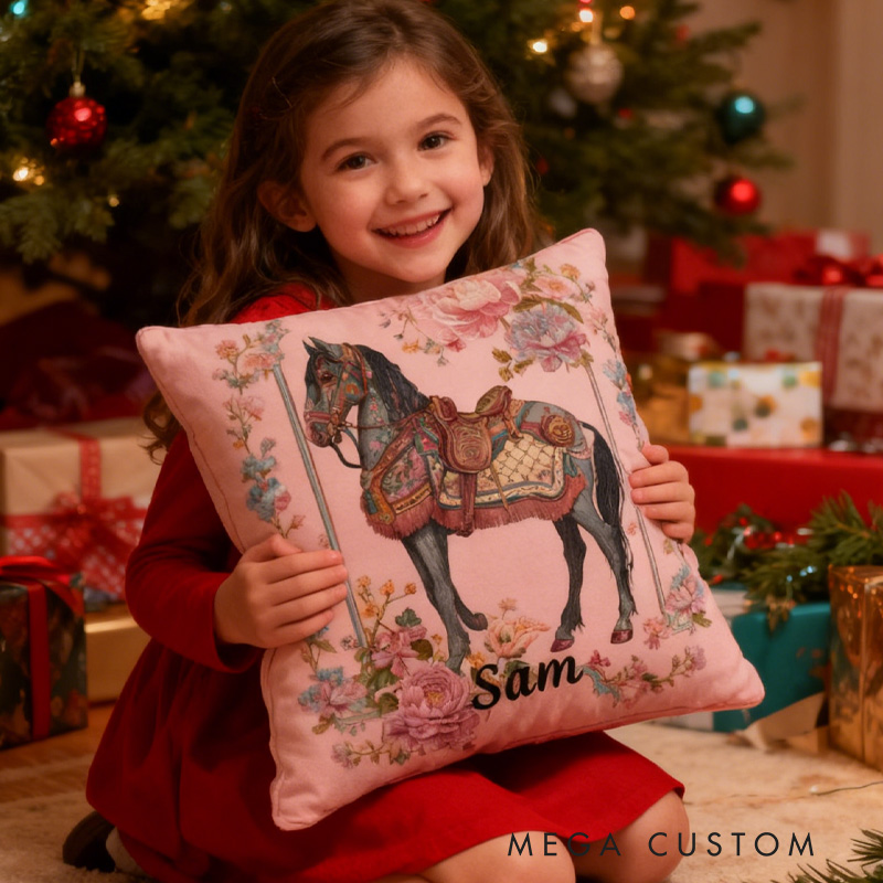 Personalized Riding Floral Horse Pillow Floral Horse Custom Name Festive Flower Decor with French Countryside Gifts for Family Graphic 3D Print Riding Lovers