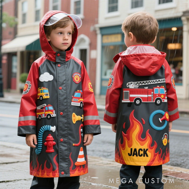 Personalized Kids Firefighter Themed Waterproof Raincoat 100% Waterproof Kids Firefighter Raincoat – Heavy-Duty PU Rain Gear with Full Weather Protection & Playful 3D Details