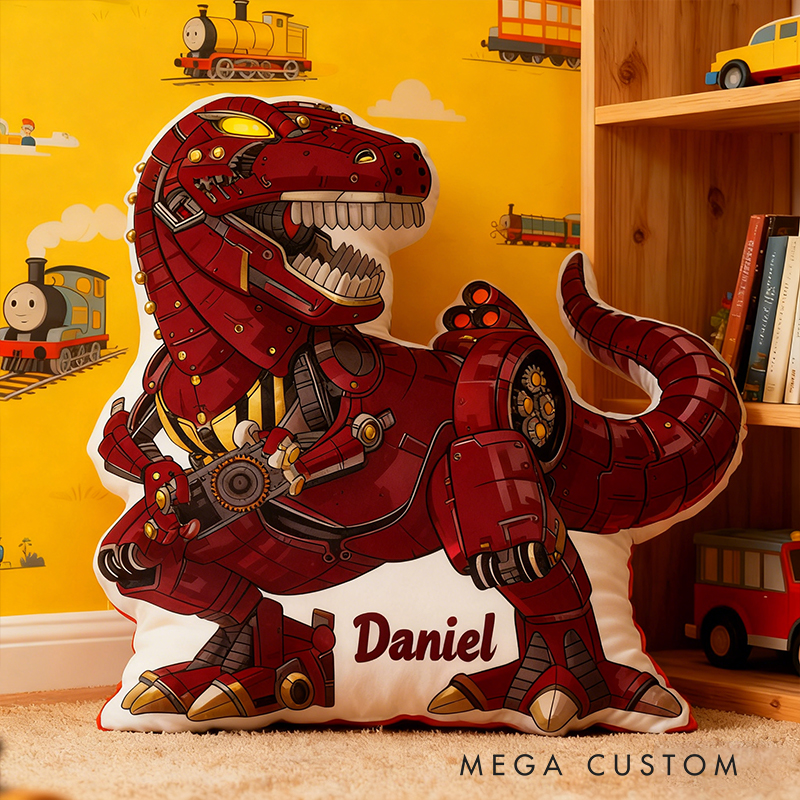 Personalized Robot Dinosaur Name Custom Soft Decorative Gift Futuristic Mechanical Style Fun Playful Cozy Boy Room Exciting Tech Power Jurassic Metal Graphic 3D Print Pillow