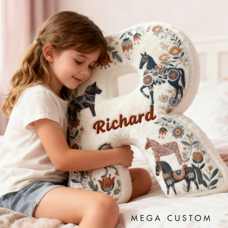 Personalized Riding Colorful Floral Letter Pillow Floral Horse Custom Name Festive Flower Decor with French Countryside Gifts for Family Graphic 3D Print for Riding Lovers Equestrian Lovers