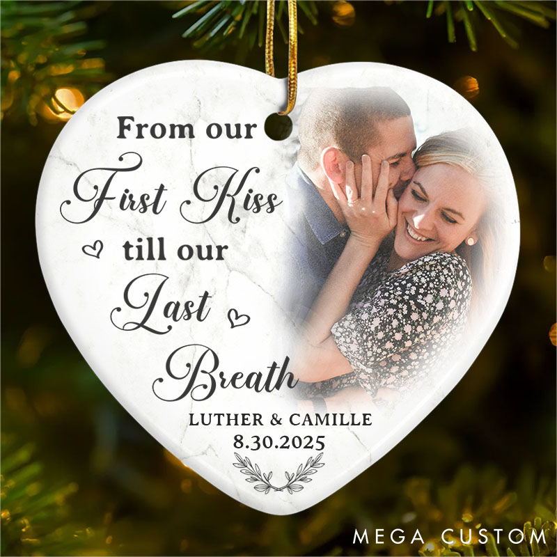 Personalized Couple Photo My Favorite Place in All the World is Next to You Round and Heart Shaped Ceramic Ornament Christmas Valentines Day Gift