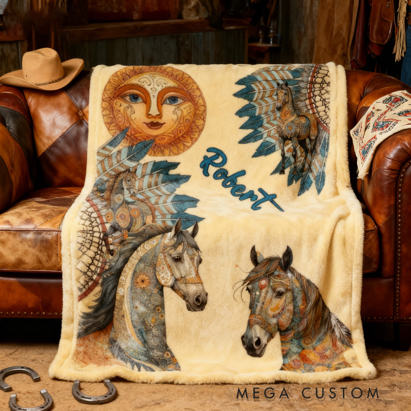 Personalized Riding Feather Sun Blanket Flower Horse Custom Name Festive Flower Decor with French Countryside Gifts Family Blanket for Riding Lovers Equestrian Lovers