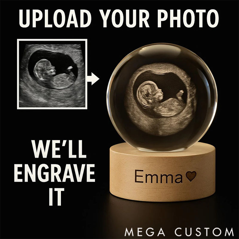 Personalized Crystal Ball Night Light, Custom 2D Photo Ultrasound Picture Frames, Luminous Wooden Base