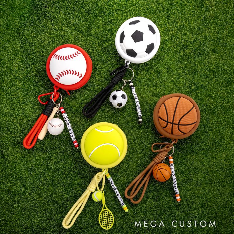 Personalized name keychain with beads, tennis ball charms, racket and ball charms, waterproof silicone storage pouch for headphones, gift for tennis lovers