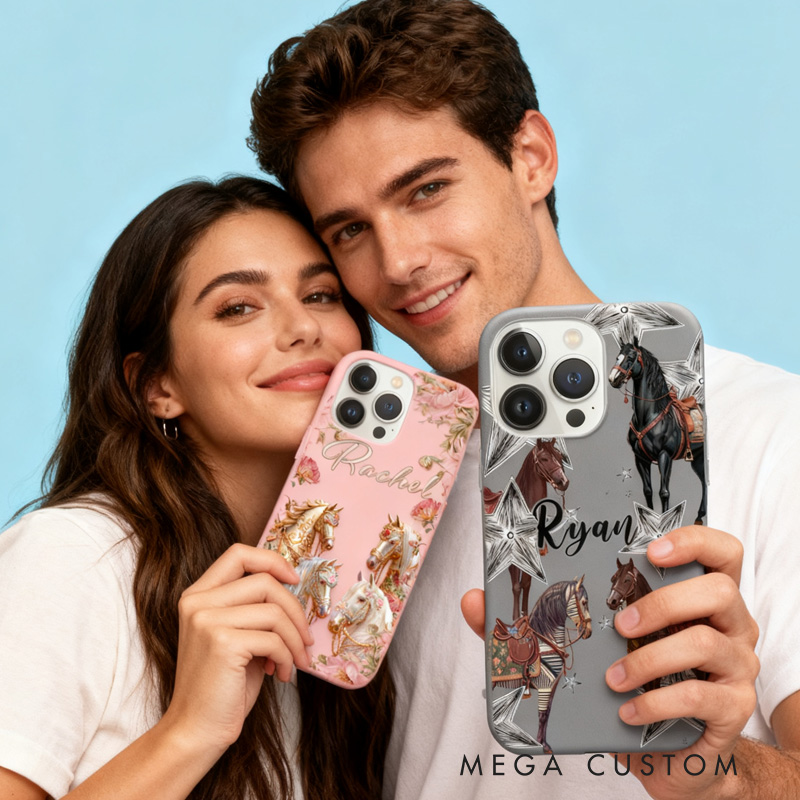 Personalized Couple Phone Case Phone Cases with French Countryside Gifts Floral Design and Custom Name for Riding Lovers Equestrian Lovers Unique Style Phone Cases