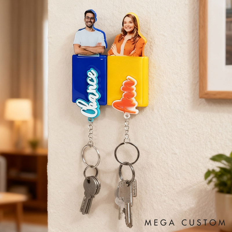 Personalized Couple Multicolor 3D-Printed Wall Key Holder Set with Name and Photo Home Decor Anniversary Valentine's Day Gift for Newlyweds Couple