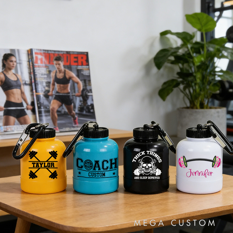 Personalized Gym Mini Protein Powder Bottle Pattern Custom Gym Keychain 200ml Protein Funnel Container with Carabiner Medicine Powder Carrying Pill Container for Gym Lovers