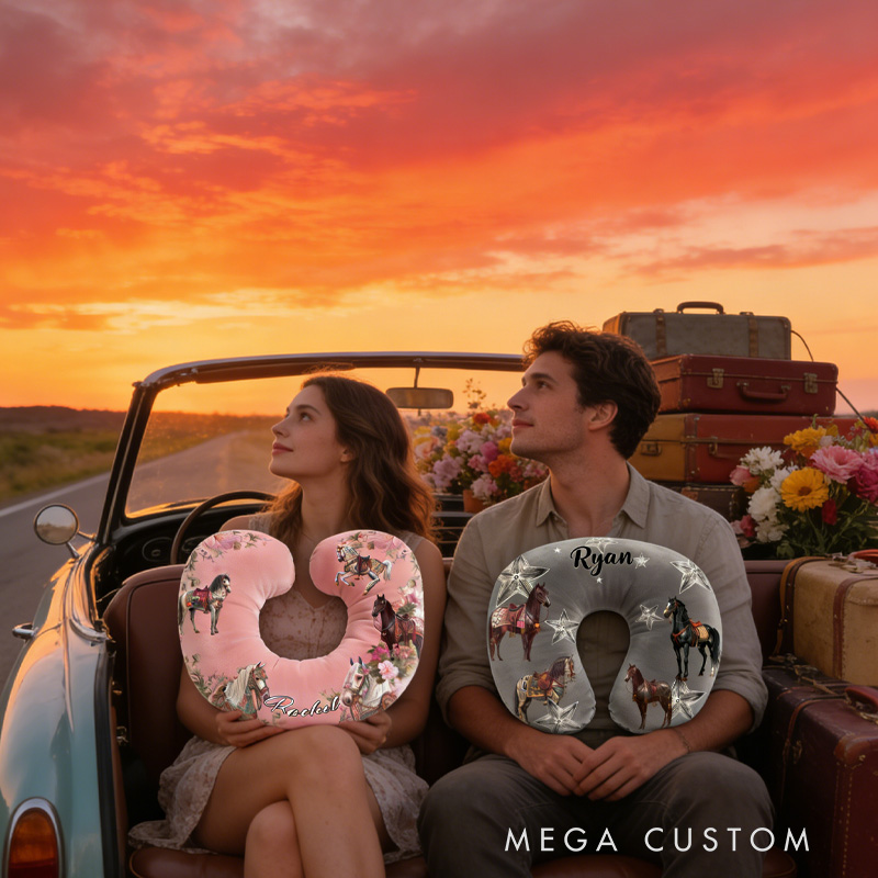 Personalized Couple Riding Horse Travel U-Shaped Pillow for Couple Valentain Pillow Gift for Riding Lovers Equestrian Lovers