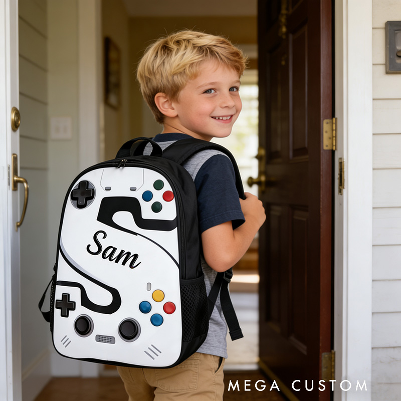 Personalized Game Controller Backpack with Letter Design and Custom Name for Kids and Game Lovers Birthday Black to School Christmas Gift