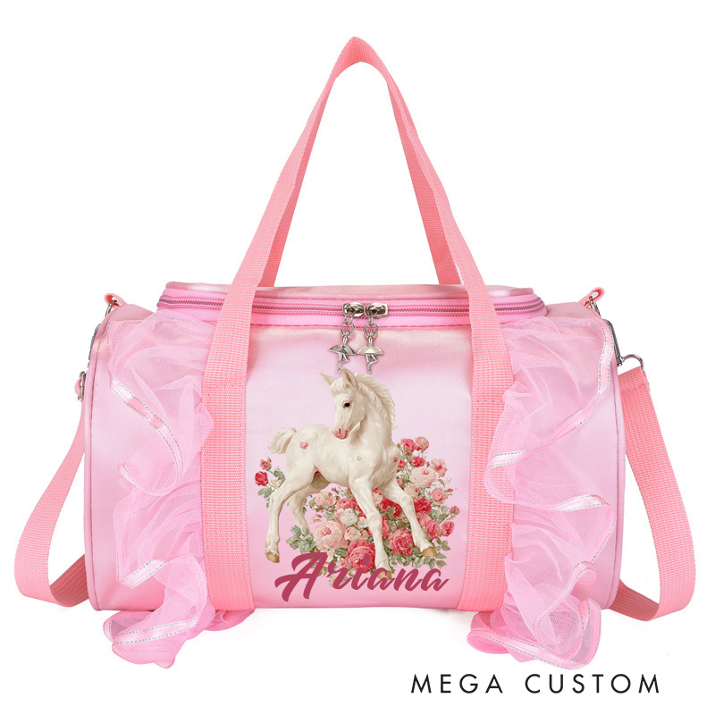 Personalized Horse Duffle Dance Bag with Name and Shoulder Strap Overnight Bag for Girl Ballet Bag Weekender Back To School Gift for Girls Riding Lovers Equestrian Lovers