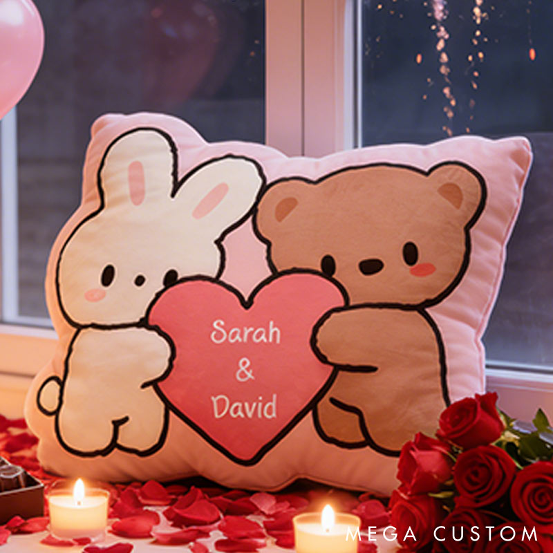 Personalized Bunny & Bear Throw Pillow Custom Names Couple Home Pillow Romantic Valentine's Day Gift for Girlfriend for Wife Friend