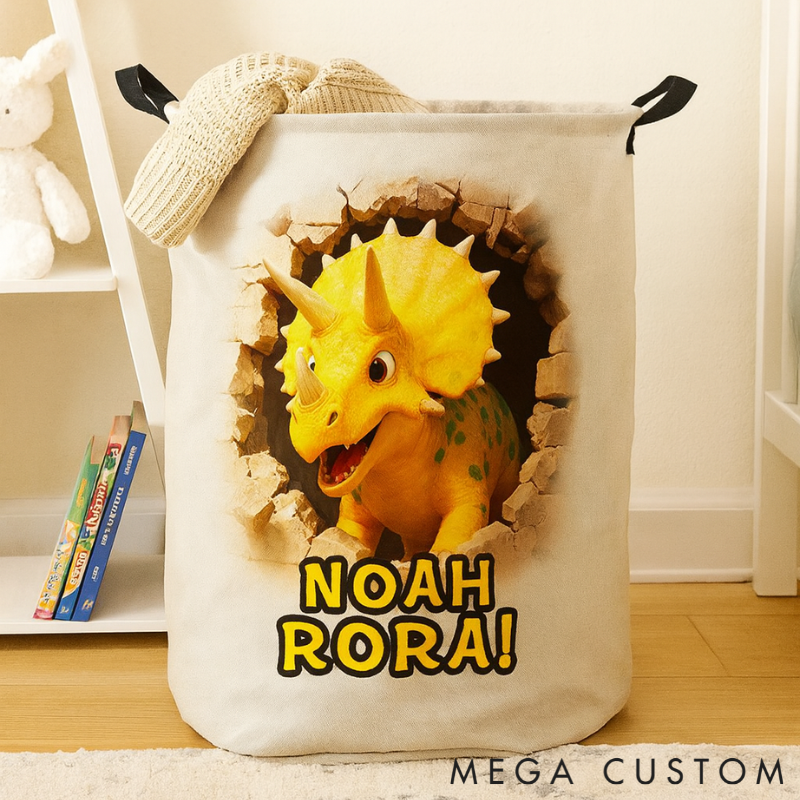 Personalized Dino Blast Adventure Theme Large Waterproof Laundry Hamper with Handle Custom Name Embroidery Kids Holiday Gift