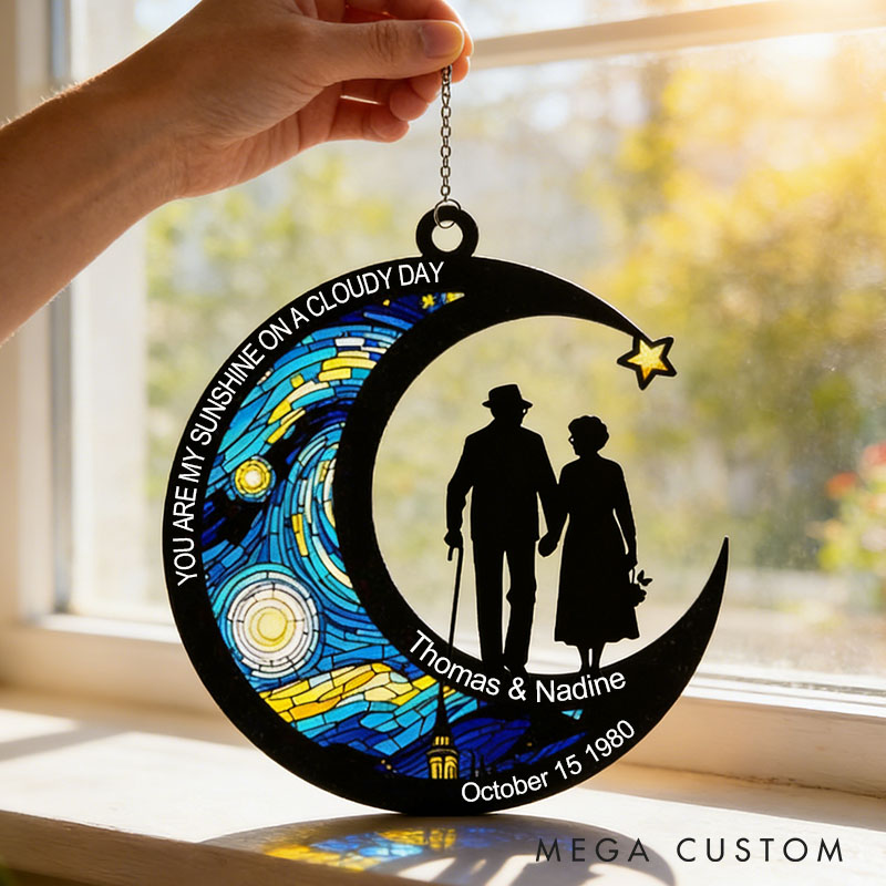 Personalized Couple Silhouette You and Me Always and Forever Suncatcher Custom Moon Shaped Night Sky Window Decor Anniversary Gift Valentines Day Gift