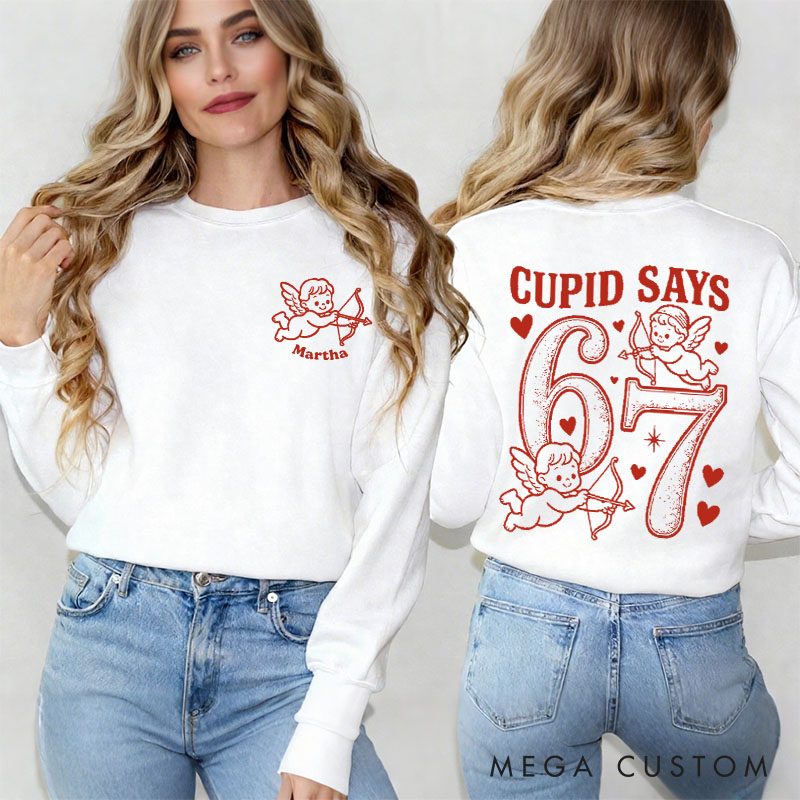 Personalized Girlfriend Wife Cupid Days 67 Retro Love Sweatshirt with Name Couple Funny 6 7 Number Meme Matching Valentines Day Sweatshirt for Her Him