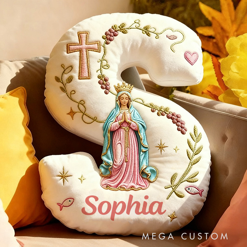 Personalized Cross Virgin Mary Letter Pillow with Custom Name Home Decor Graphic 3D Print Pillow Religious Faith Gift Catholic Gift