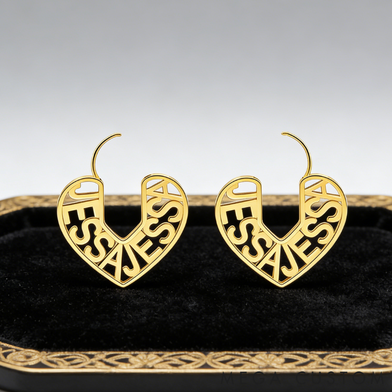 Personalized Custom Name Engraved Heart Outline Dangle Earrings
