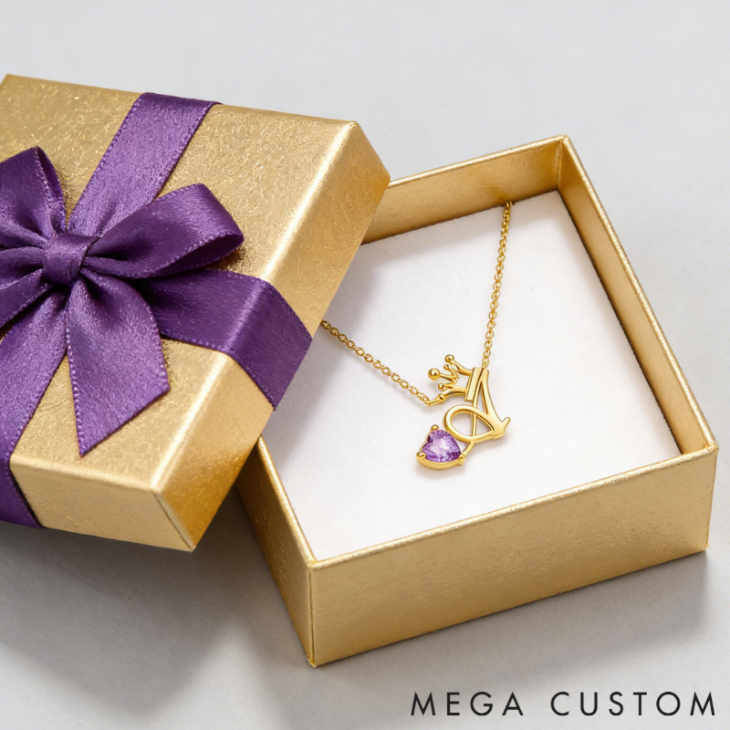 Personalized Sterling Silver Unique Shaped Initial Crown Birthstone Color Necklace