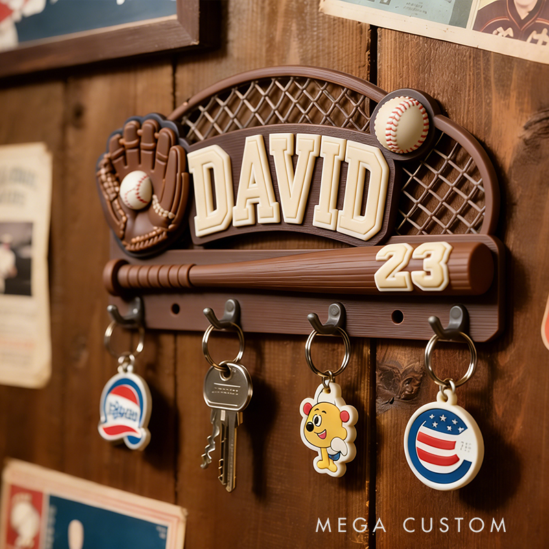 Personalized Custom Baseball Theme Key Holder - 3D Printed Personalized Name & Number Hook Rack, Sports Decor for Kids’ Room, Baseball Fan Gift 
