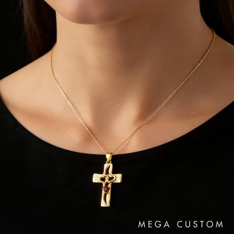 Personalized Sterling Silver Cross Interlocking Hearts Name and Birthstone Necklace