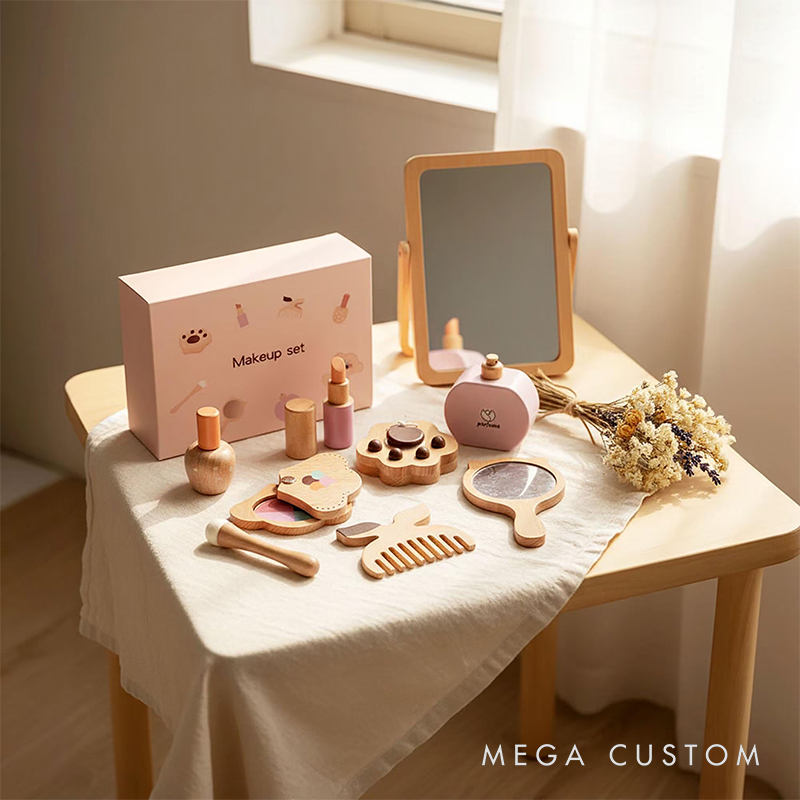 Personalized Wooden Kids Makeup Toy Set Pretend Play Hair Salon Customizable Name Gift for Babies Toddlers