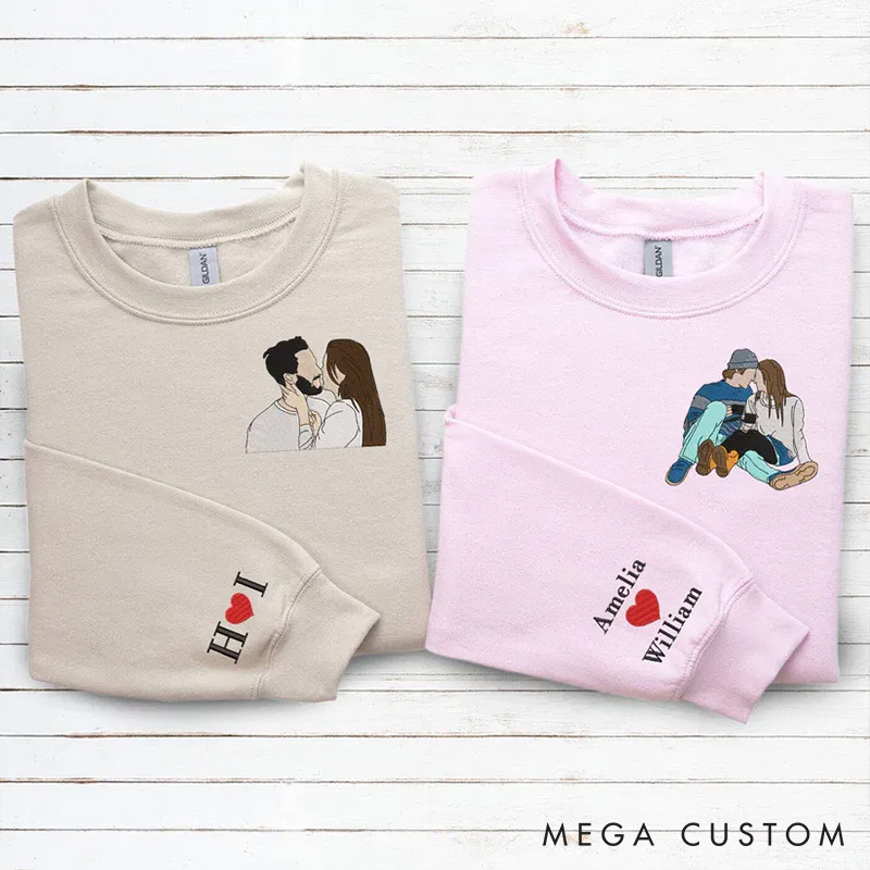Personalized Couple Embroidered Photo Portrait Matching Sweatshirts Custom Couple Hoodies with Text Valentine's Day Gift Anniversary Gift for Him Her