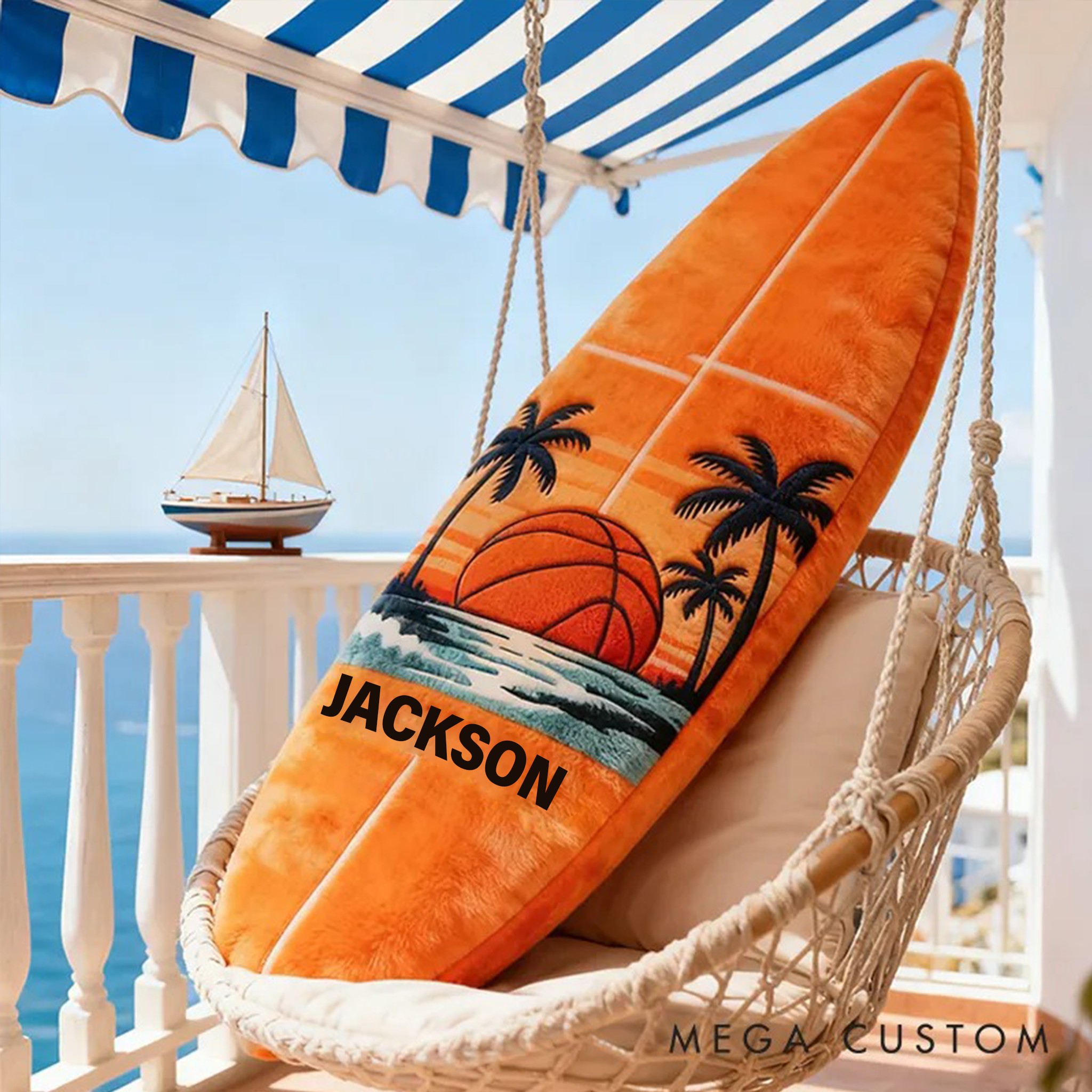 Personalized Surfboard Basketball Pillow with Custom Name for Beach Lovers and Basketball Lovers