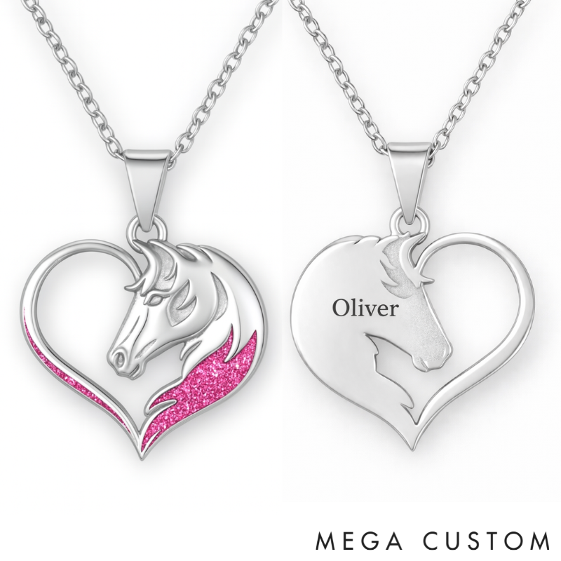 Personalized Horse Head Heart Pendant Necklace Custom Name Unique Holiday Gift for Couples