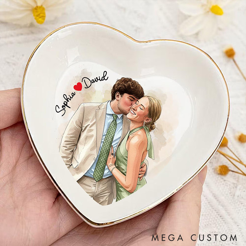 Personalized Heart Flower Ceramic Trinket Jewelry Dish with Initial and Date Toile De Jouy Ring Dish Valentine's Gift for Wife Anniversary Gift for Girlfriend