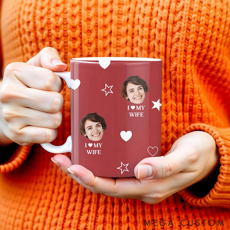 Personalized Couple I love My Wife Mug Custom Photo Portrait  Mug Full Printed Funny Mug for Couple Valentine's Gift for Wife