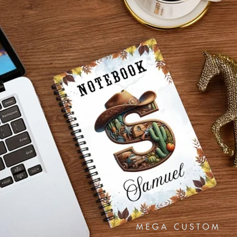 Personalized Initial Name Western Style Spiral Notebook Softcover Lined Notebook Country Rustic Journal Gift for Cowboys Riding Lovers Equestrian Lovers
