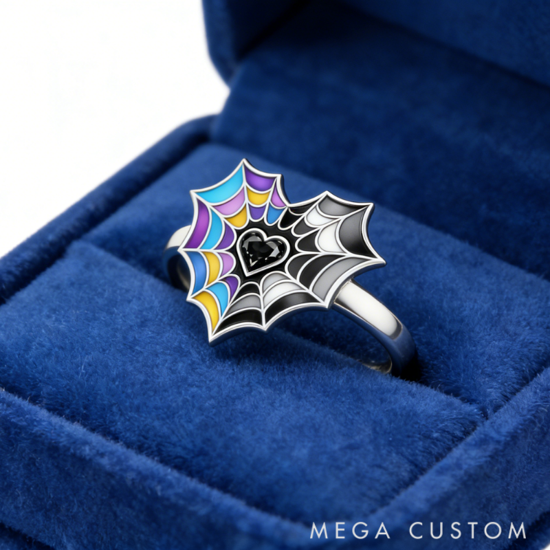 Personalized Birthstone Spiderweb Heart Ring Sterling Silver Ring Symbolic Jewelry Gift for Couples and Best Friends