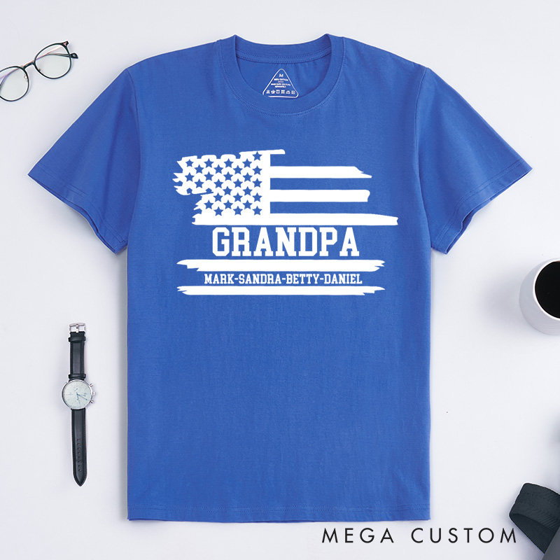 Personalized Grandpa Flag T-Shirt with Grandkids Names Gift for Grandfather Father's Day Birthday Comfortable Cotton Shirt for Men