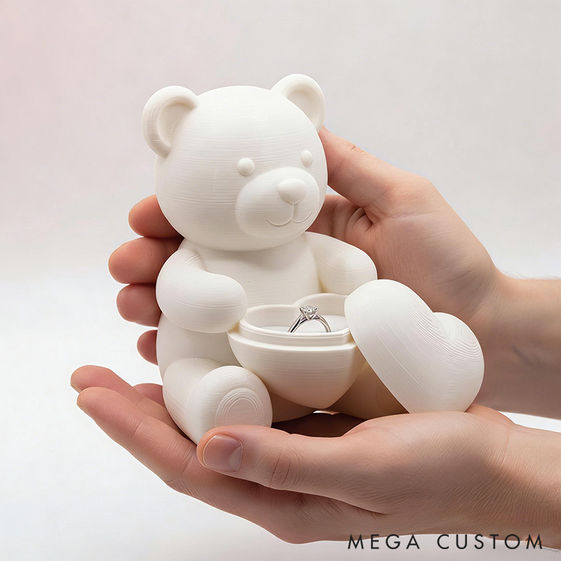 Personalized Couple White Teddy Bear Heart Ring Holder Custom Engagement 3D Printed Bear Ring Box for Newlyweds Valentines Day Gift for Him Her