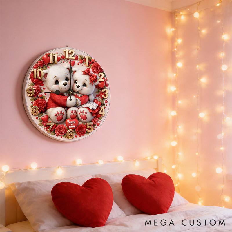 Personalized Bear Couple Happy Valentine's Day Wall Clock Custom Red Rose Bear with Heart 3D Effect Wall Clock Anniversary Valentines Day Gift