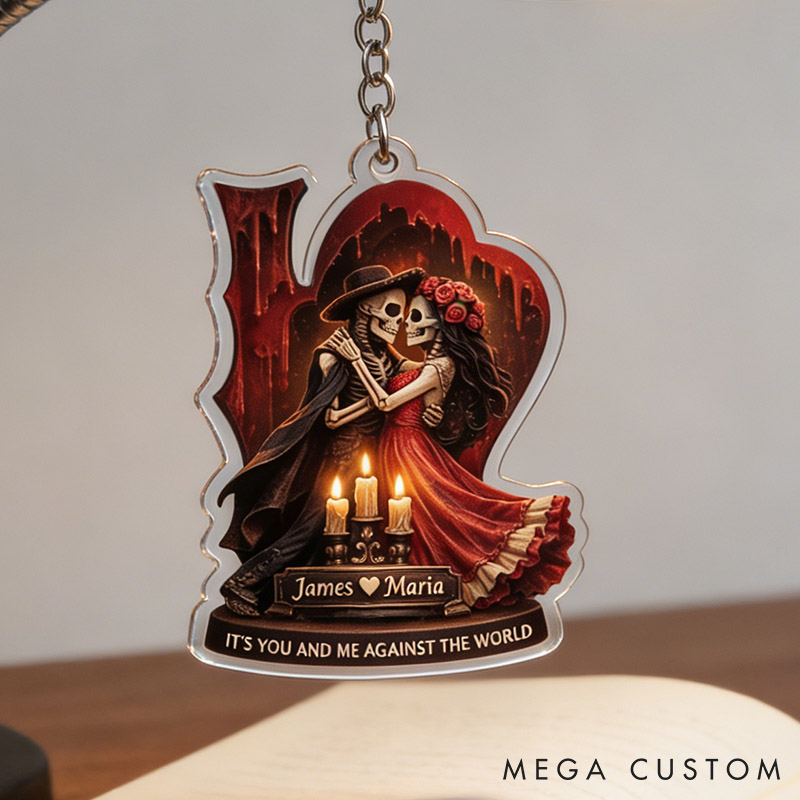 Personalized Gothic Skeleton Couple Keychain Custom Skull Couple Keychain Valentine's Anniversary Gift for Him Her