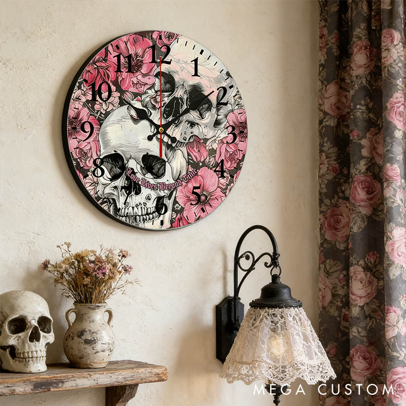 Personalized Floral Skull Couple Love Lives Beyond Time Wall Clock Custom Retro Gothic Style 3D Effect Wall Clock Anniversary Gift Valentines Day Gift
